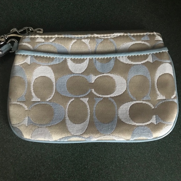 Coach Blue/Tan Canvas Leather Wristlet Mini Pouch - Picture 4 of 15